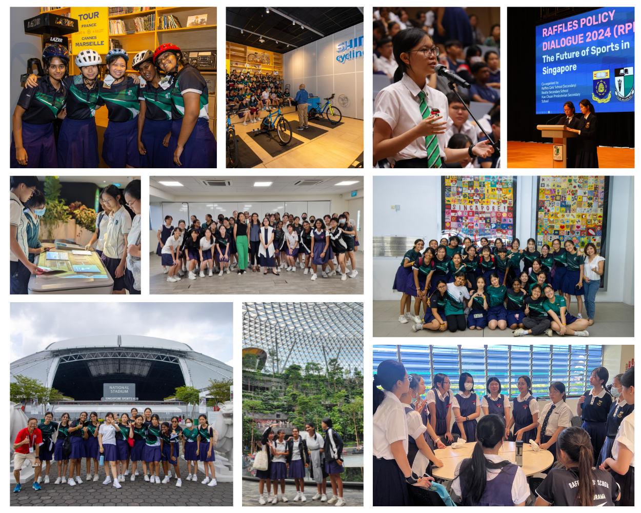 Collage of school students at various events including cycling, a policy dialogue, group photos, and discussions.