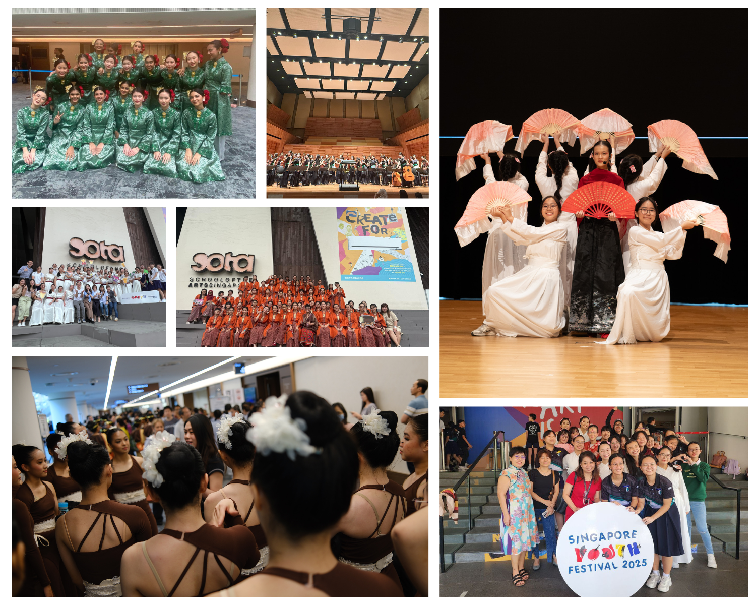 Collage of youth performing arts events at SOTA and Singapore Youth Festival 2025, featuring dancers, orchestras, and group photos.