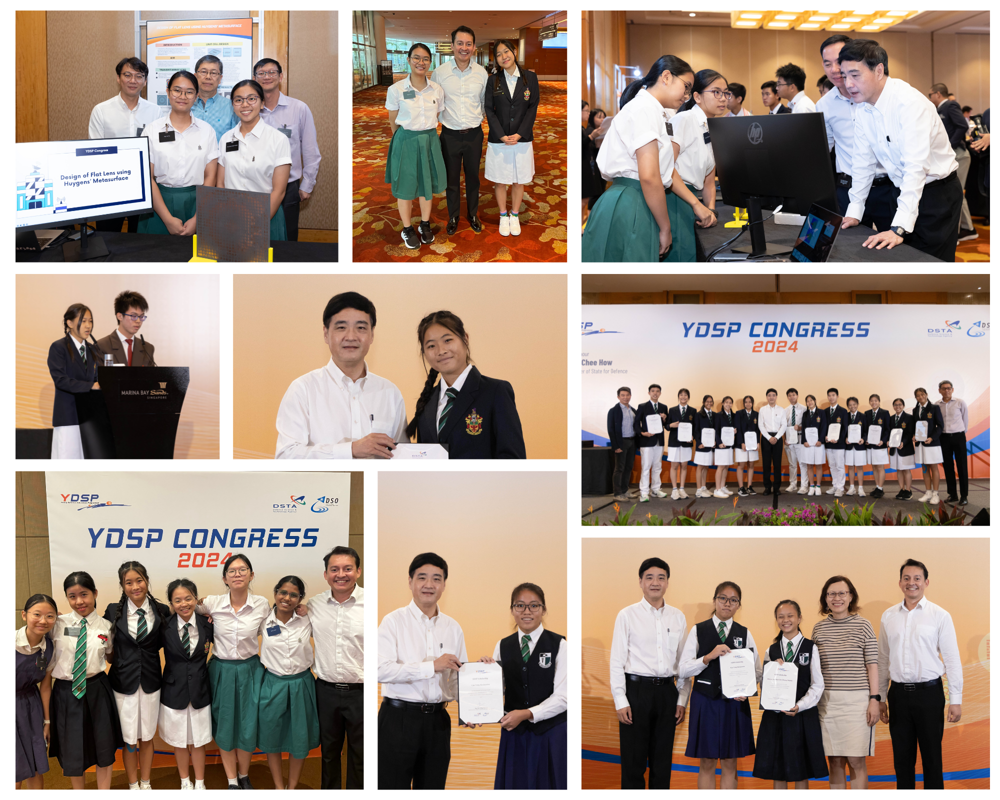 Collage of students and adults at YDSP Congress 2024, giving presentations and receiving certificates.