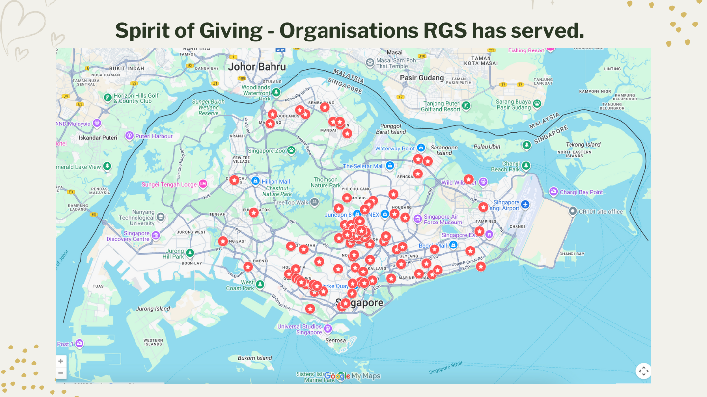 Map of Singapore with red star pins marking organisations RGS has served, titled Spirit of Giving.