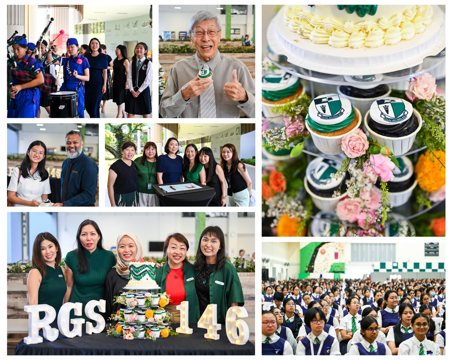 Collage of RGS 146th anniversary celebration with students, staff, cupcakes, and a large school assembly.
