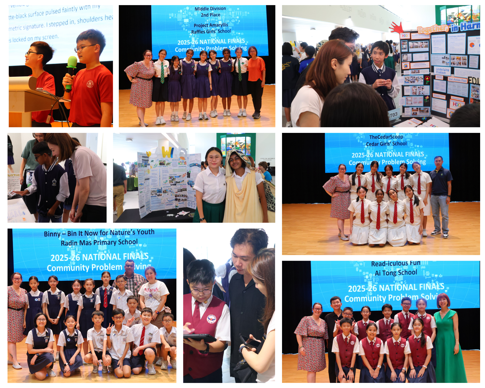 Collage of students presenting, viewing project boards, and posing with awards on a stage at a school event.