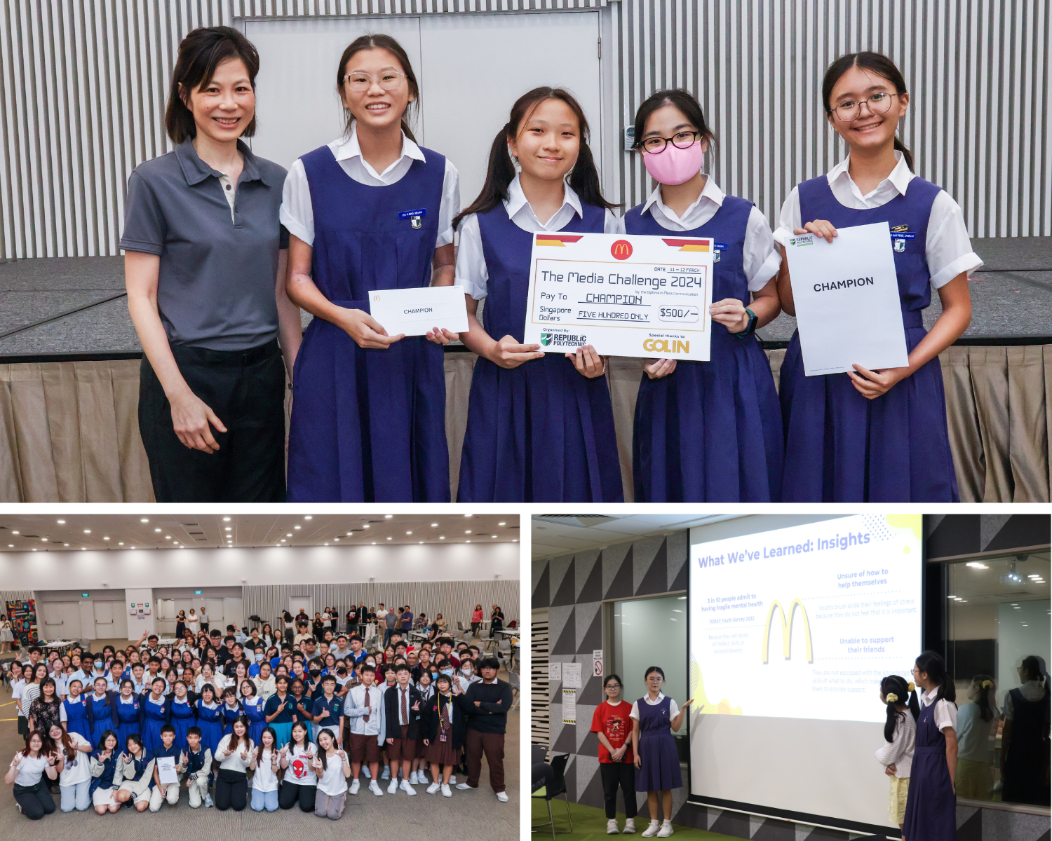 Four schoolgirls hold Champion certificates and a $500 check from The Media Challenge 2024, posing with a teacher.