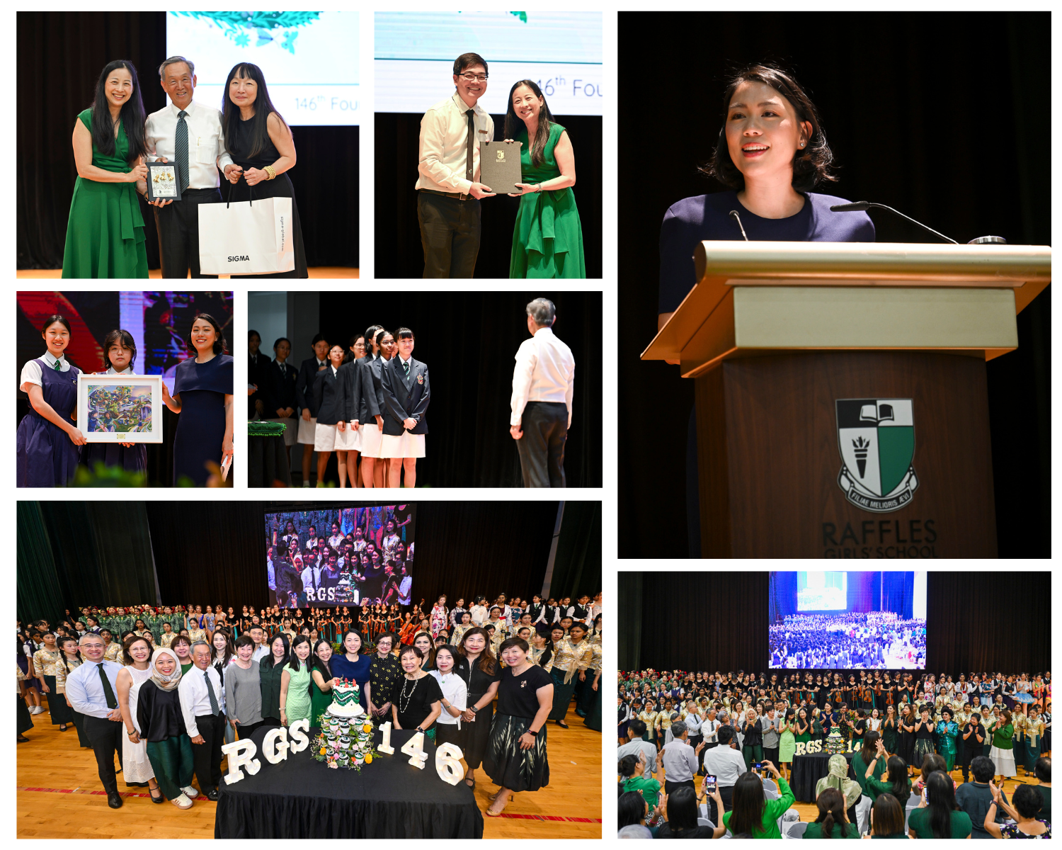 Collage of Raffles Girls School 146th Foundation Day with award presentations, a speaker at podium, and group photos.