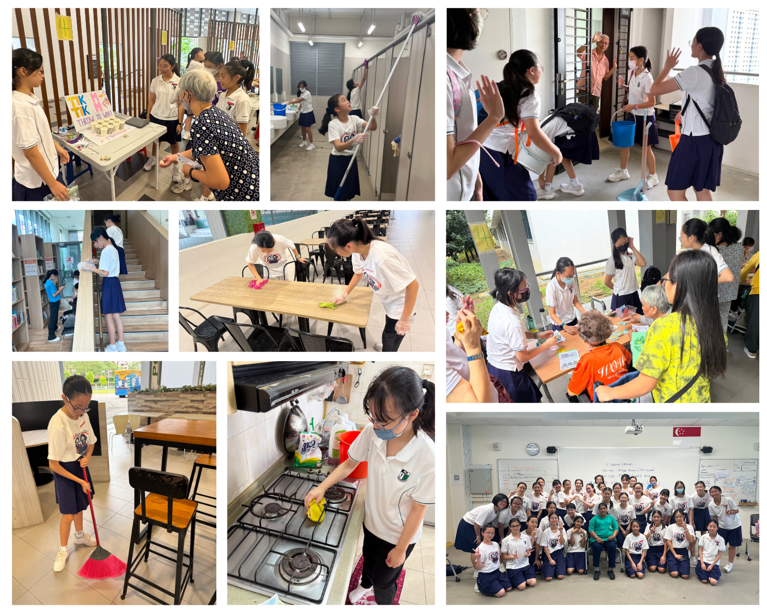 Students in school uniforms doing community service: cleaning, sweeping, wiping tables, and engaging with elderly people.