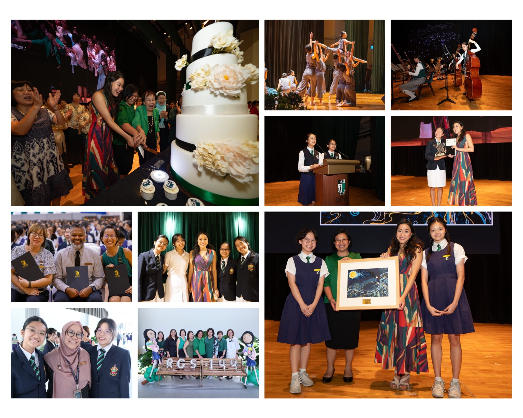 Collage of school celebration events showing cake cutting, performances, awards, and group photos of students and staff.