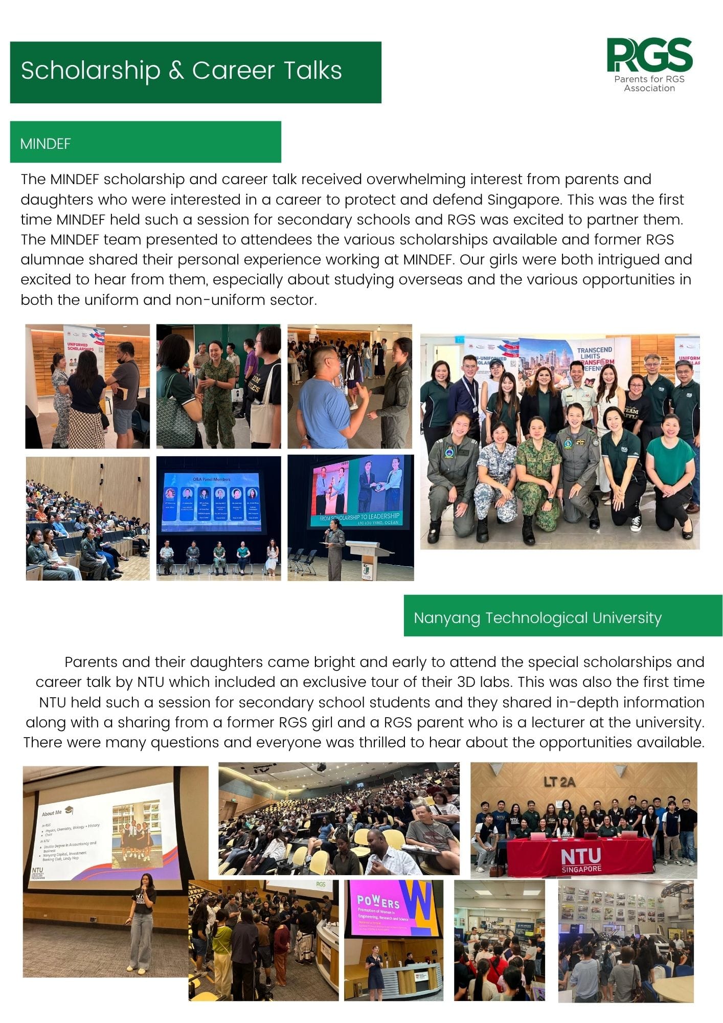 Flyer showing Scholarship and Career Talks for MINDEF and NTU with photos of attendees and presenters at each event.