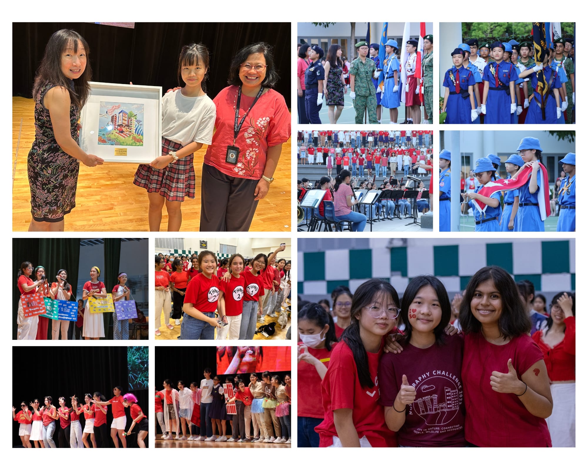 Collage of school event photos showing students in uniforms, performances, award presentations, and group celebrations.