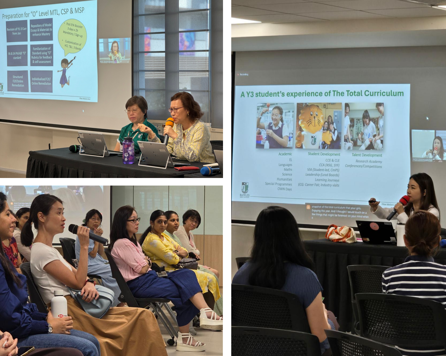 Three-panel collage of a school presentation with speakers, audience, and slides about O Level prep and Total Curriculum.