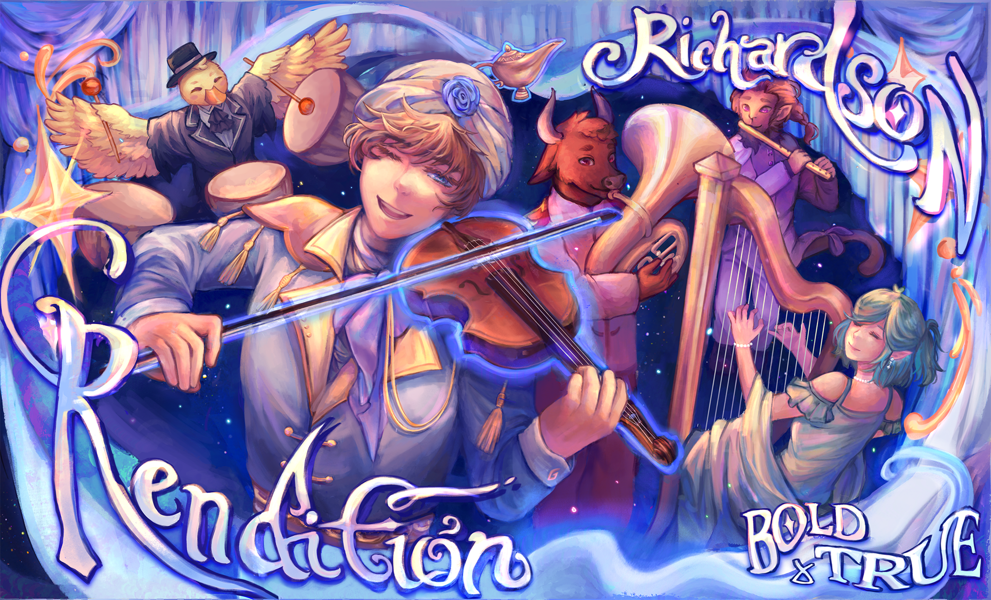 Fantasy concert poster: violinist in front, bull with tuba, harpist, drummer bird; text reading Richardson, Rendition, Bold and True