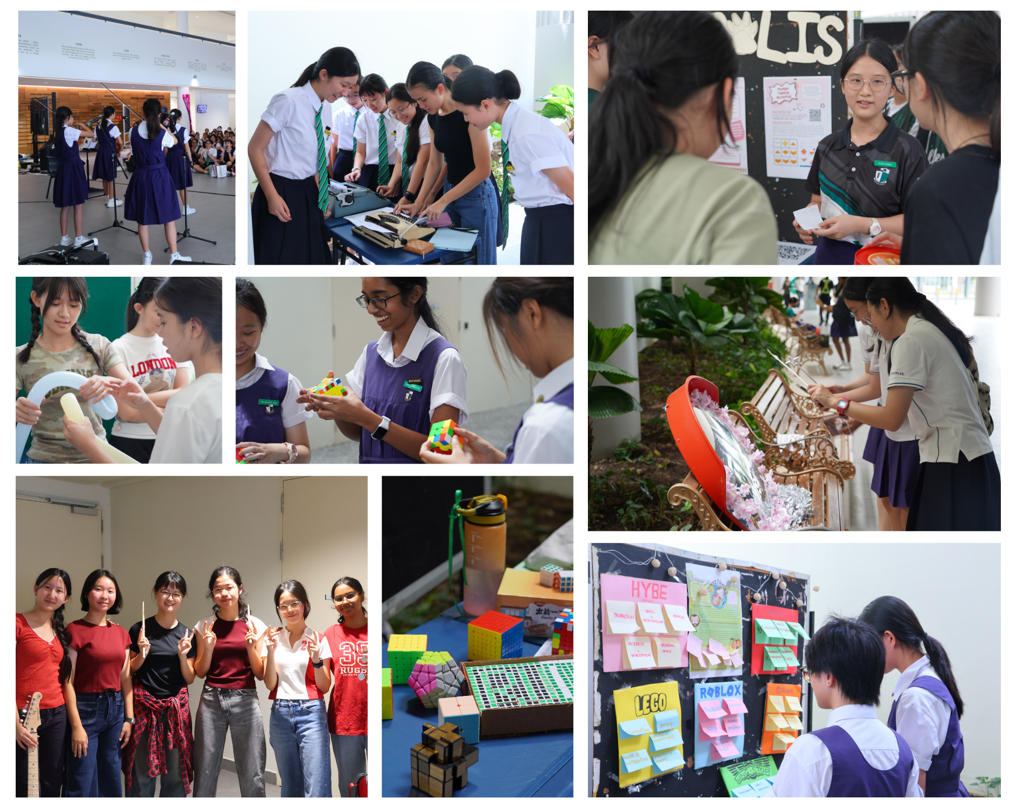Collage of school students doing activities: performing, solving puzzles, viewing displays, and posing together.