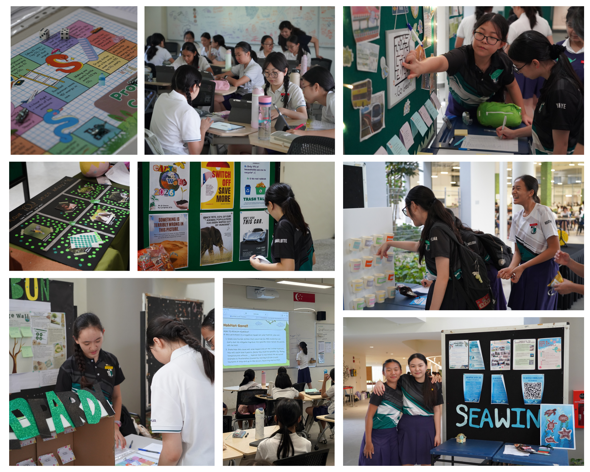Students presenting environmental project boards and educational games at a school fair, with displays on saving energy and wildlife.
