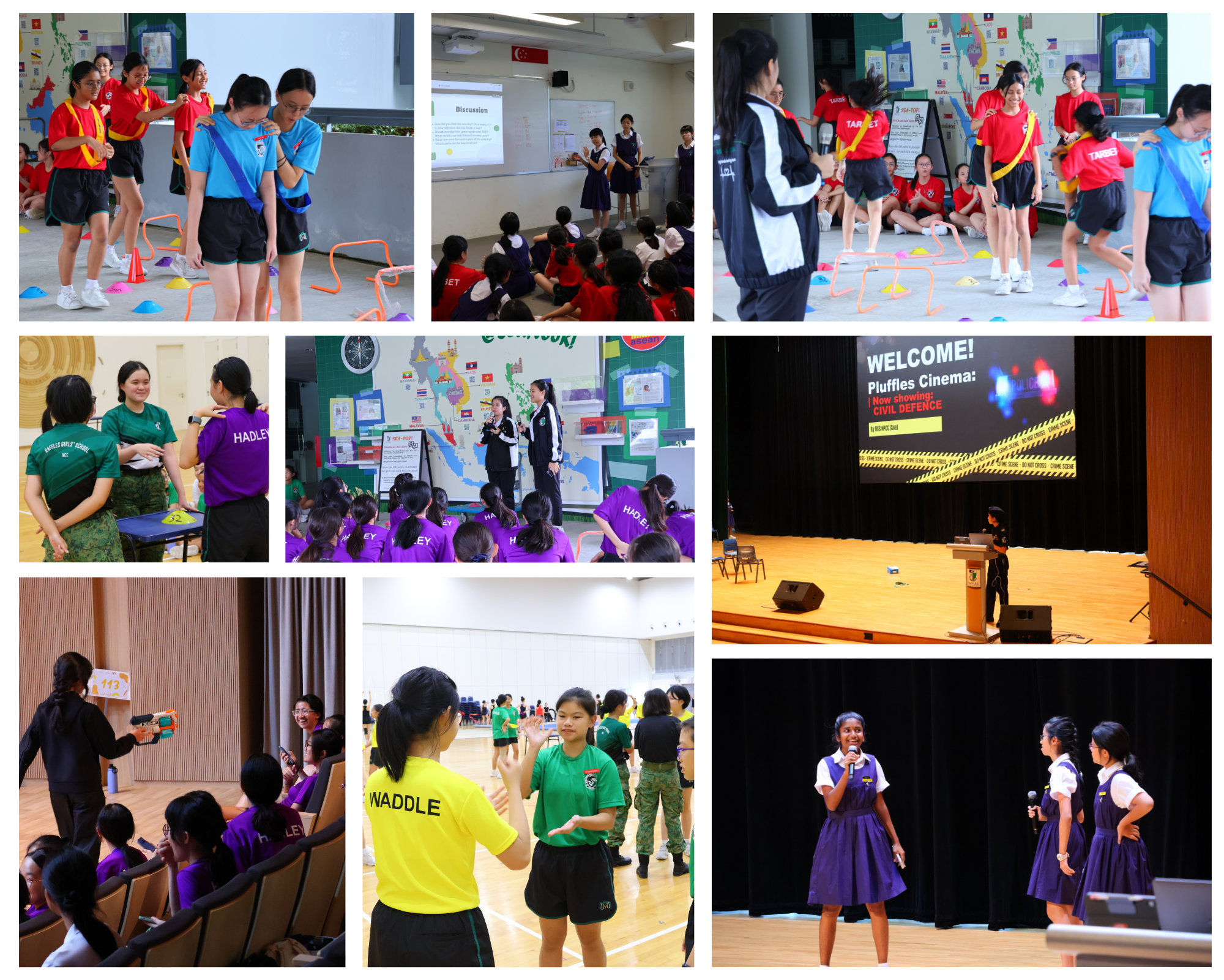 Collage of students in sports and school uniforms doing obstacle games, talks, and stage presentations.