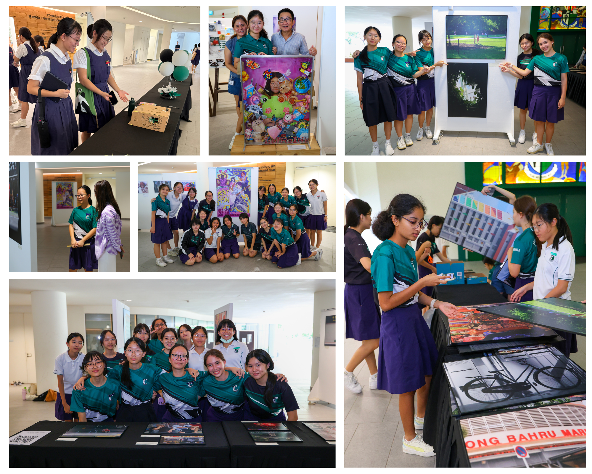 Collage of students at a school art showcase, viewing displays, posing in groups, and presenting artwork.