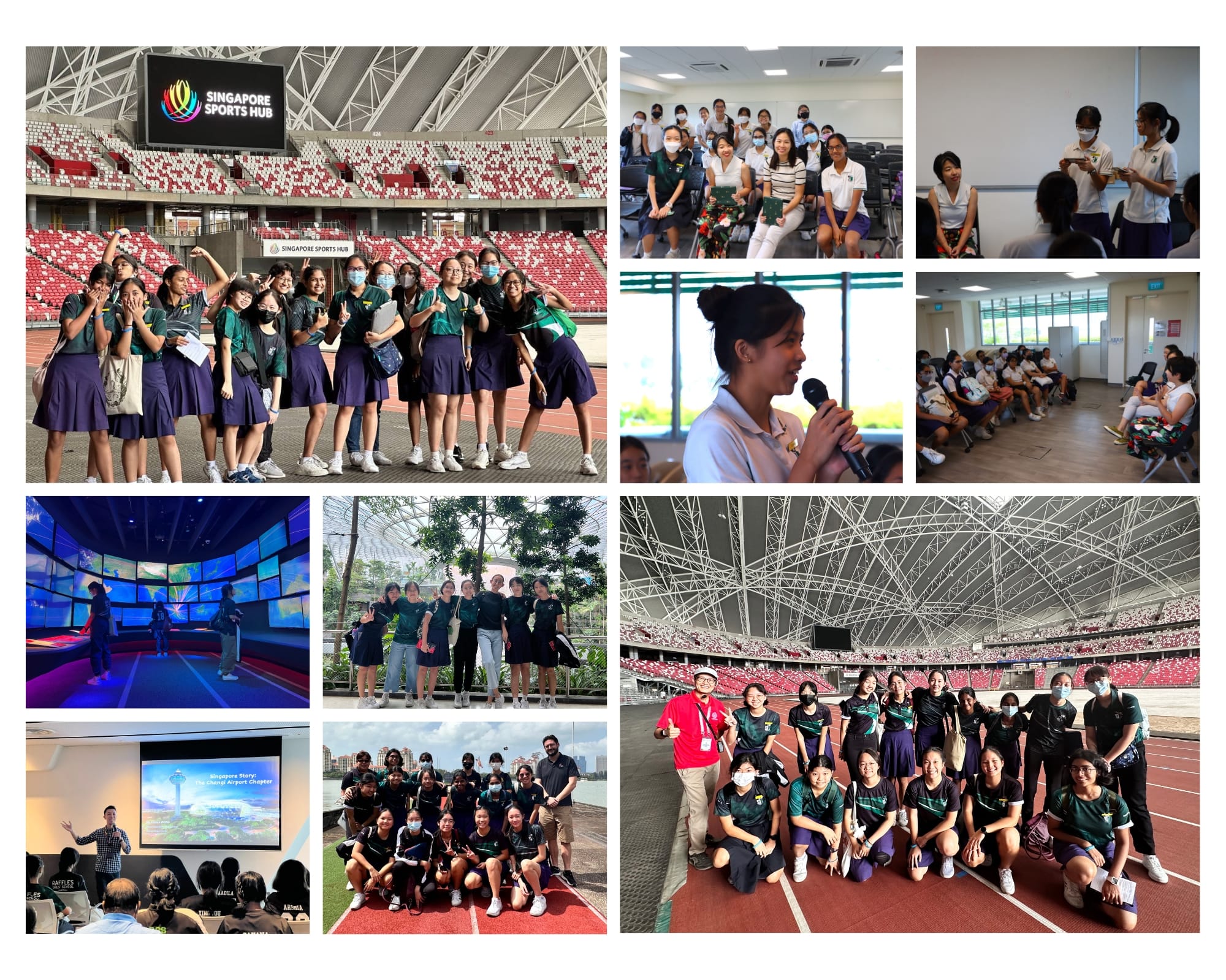 Students in school uniforms pose and attend activities at Singapore Sports Hub and other indoor venues.