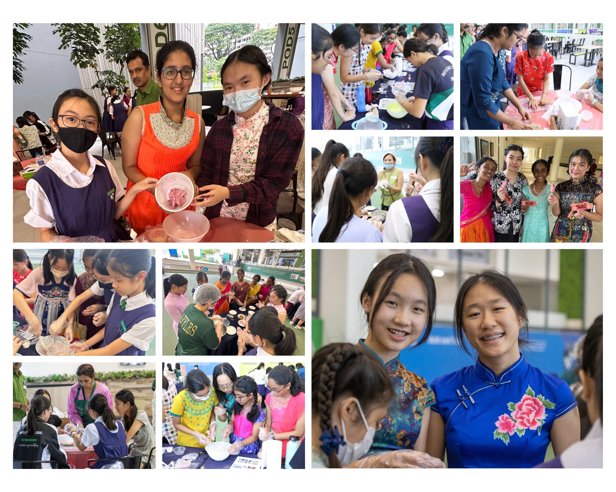 Girls in traditional and school uniforms participate in a multicultural cooking or craft activity event across several photos.