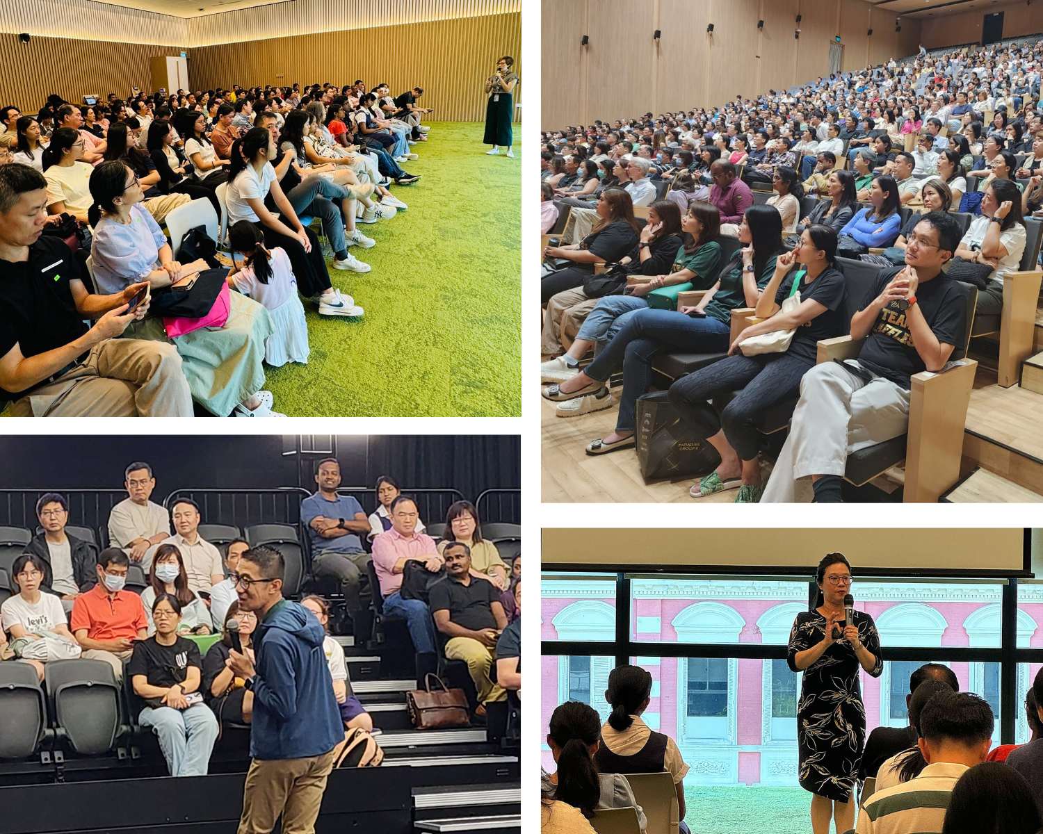 Collage of packed lecture halls with seated audiences and speakers addressing them with microphones.