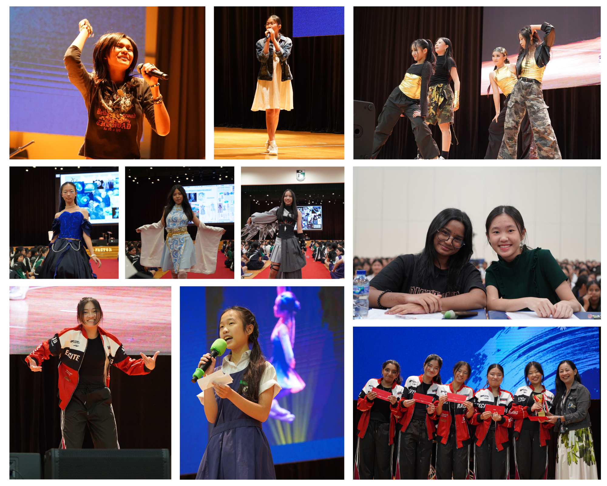 Collage of young women performing on stage, modeling costumes, speaking into microphones, and posing together at a school event.