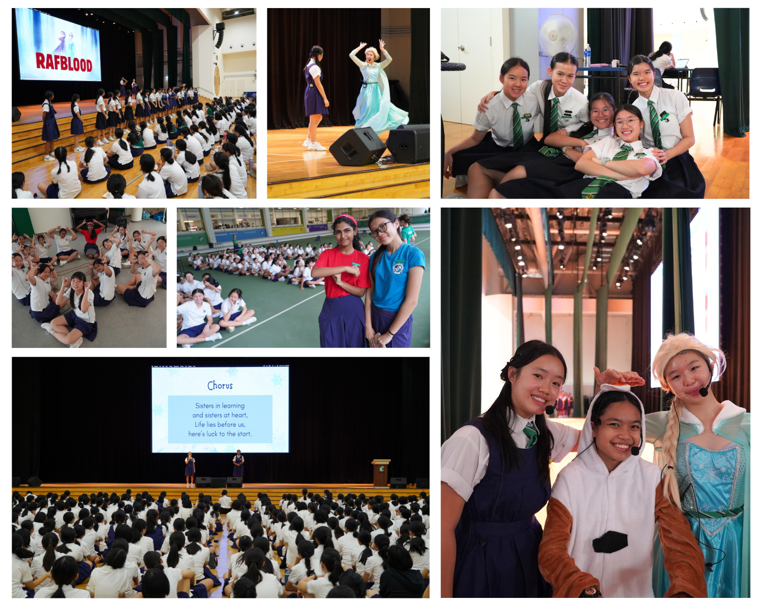 Collage of school girls in uniform at an assembly event, with students in Frozen costumes performing on stage.