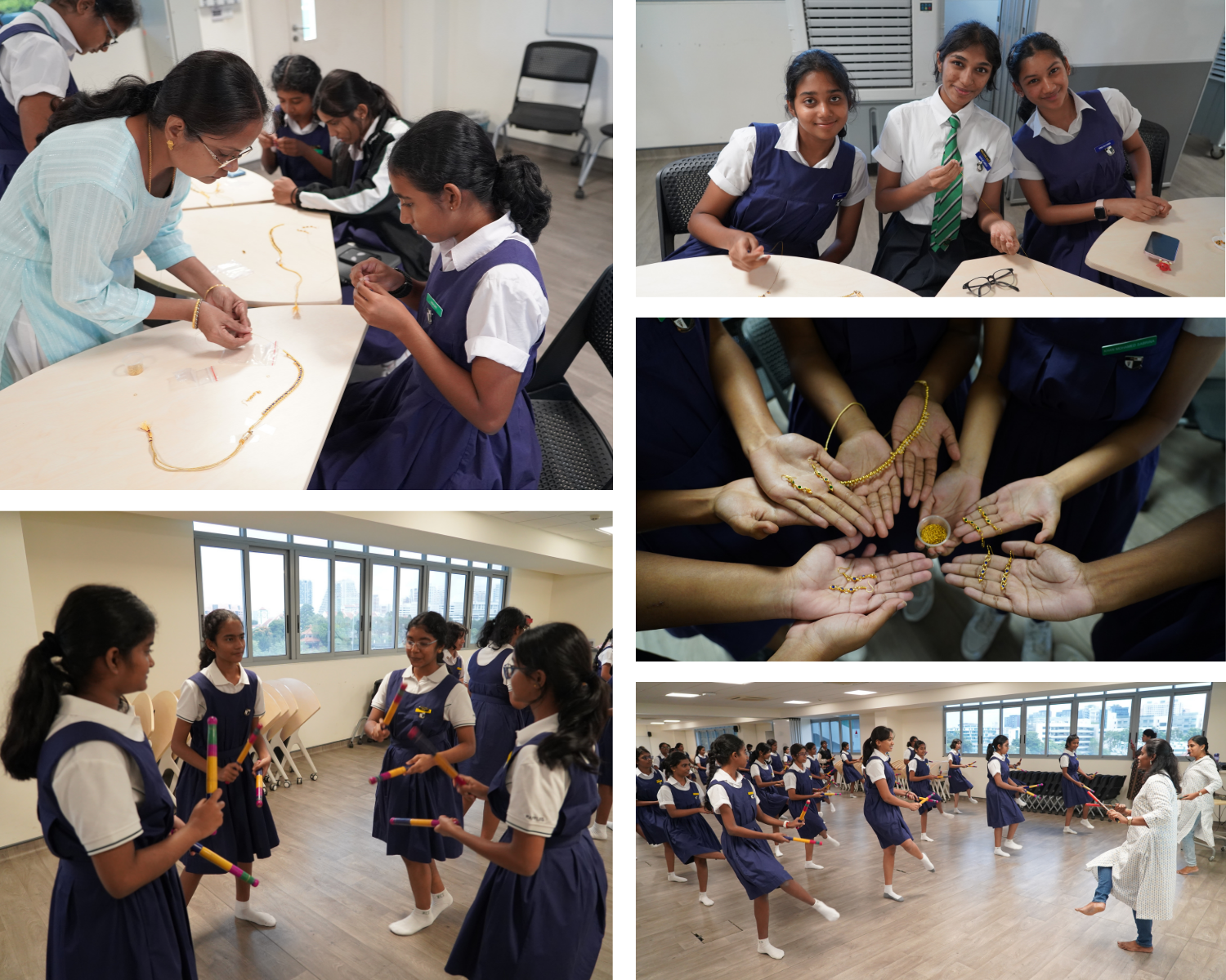 School girls in uniforms doing craft with beads and dancing with colorful sticks in a classroom.