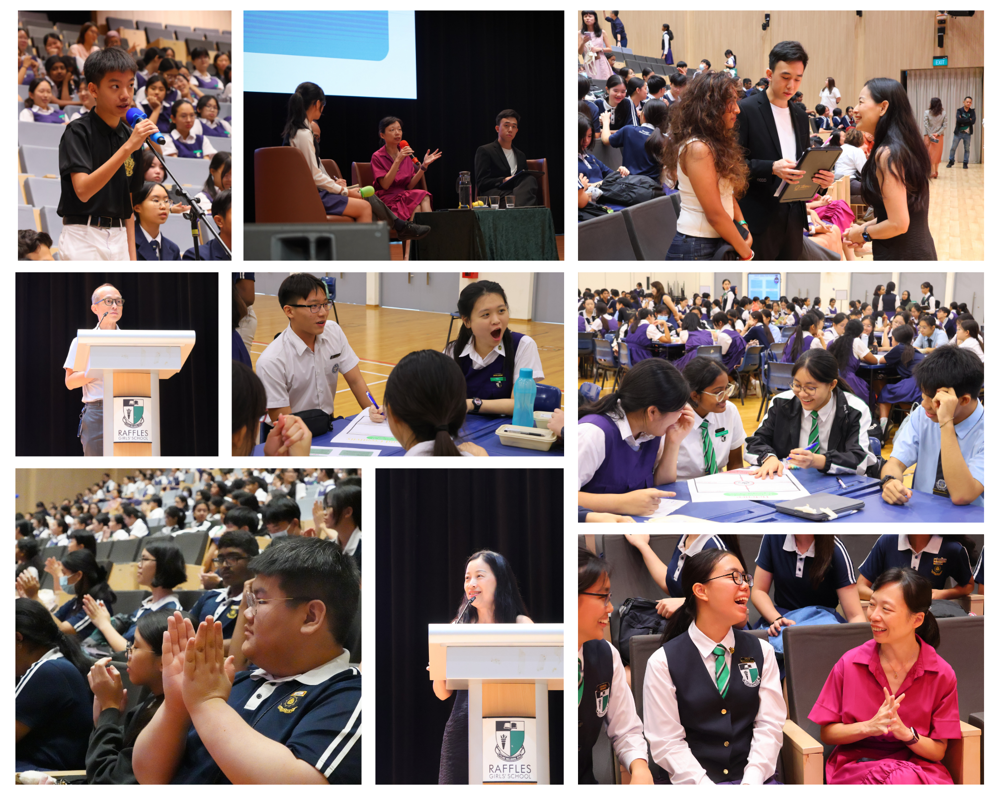 Collage of students in uniforms at a school event: speaking on stage, group discussions, applause, and chats.