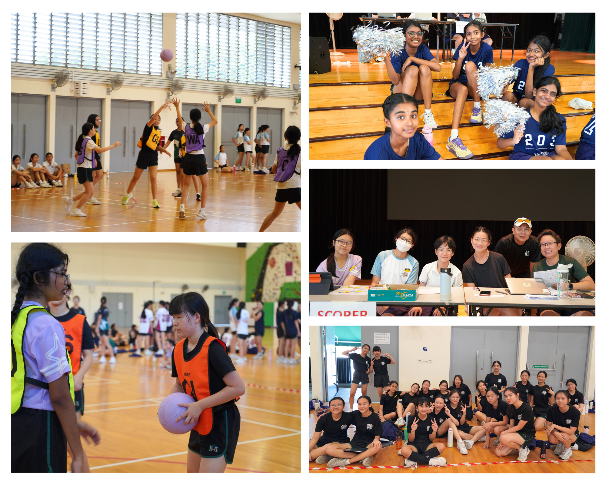 Collage of indoor school sports: netball action, girls with pom-poms on bleachers, officials at table, team photo.