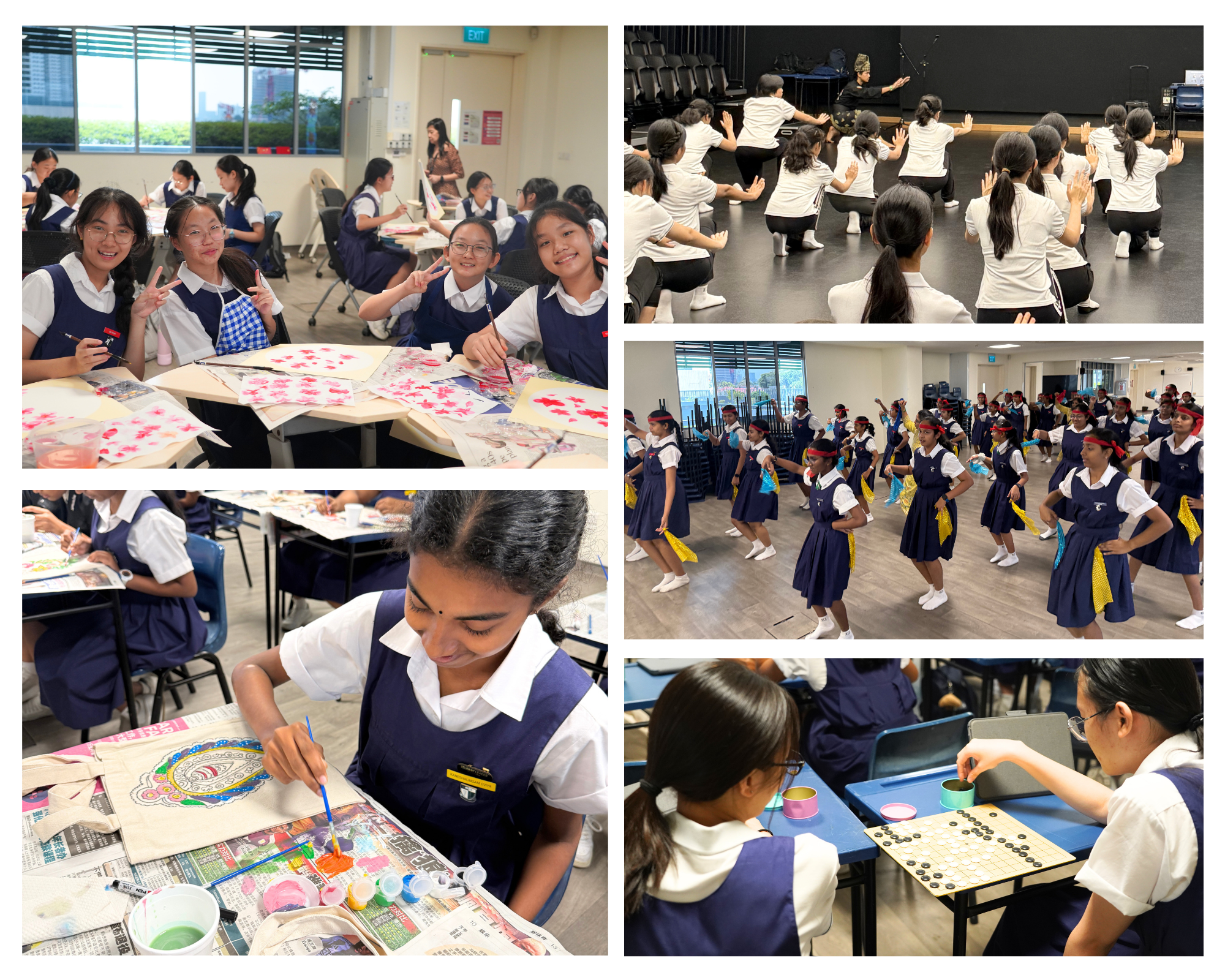 Collage of schoolgirls painting, rehearsing dance moves, practicing a group dance, and playing board games.