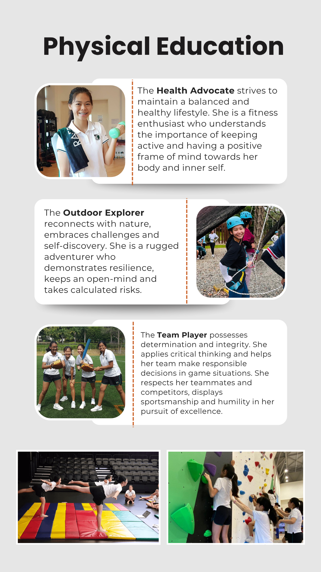 Physical Education poster showing students doing fitness, rock climbing, team sports, gymnastics, and wall climbing activities.