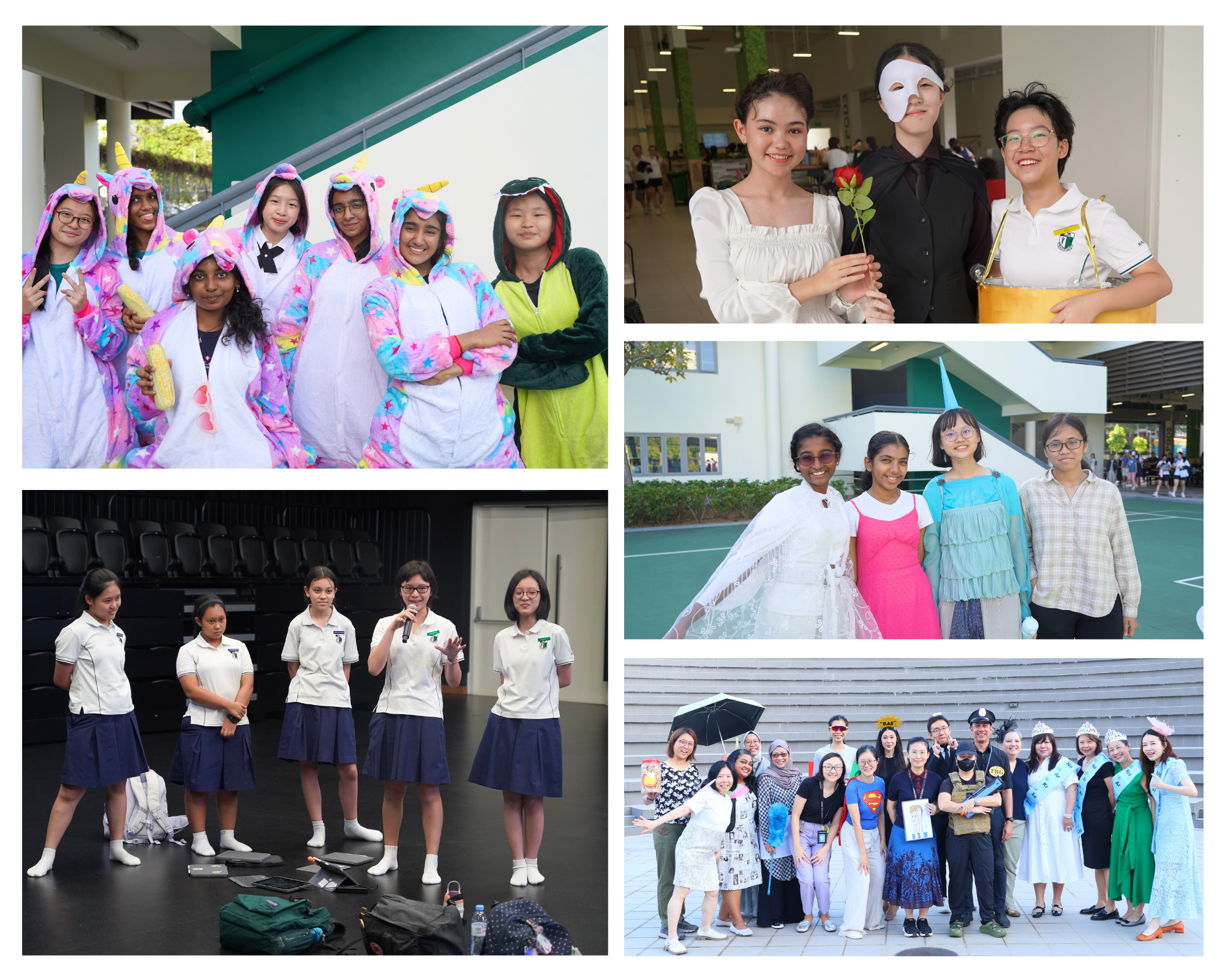 Collage of students in costumes and school uniforms, posing in groups indoors and outdoors.