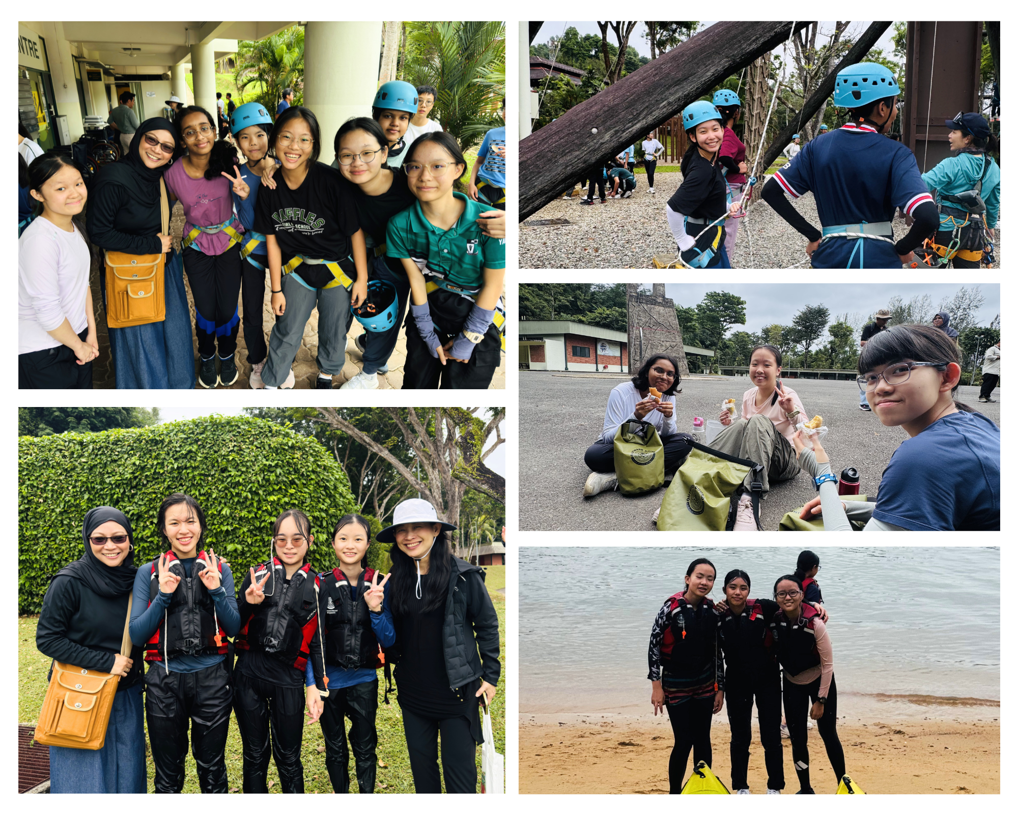 Collage of friends posing, wearing helmets and harnesses, climbing ropes, picnicking, and standing on a beach.