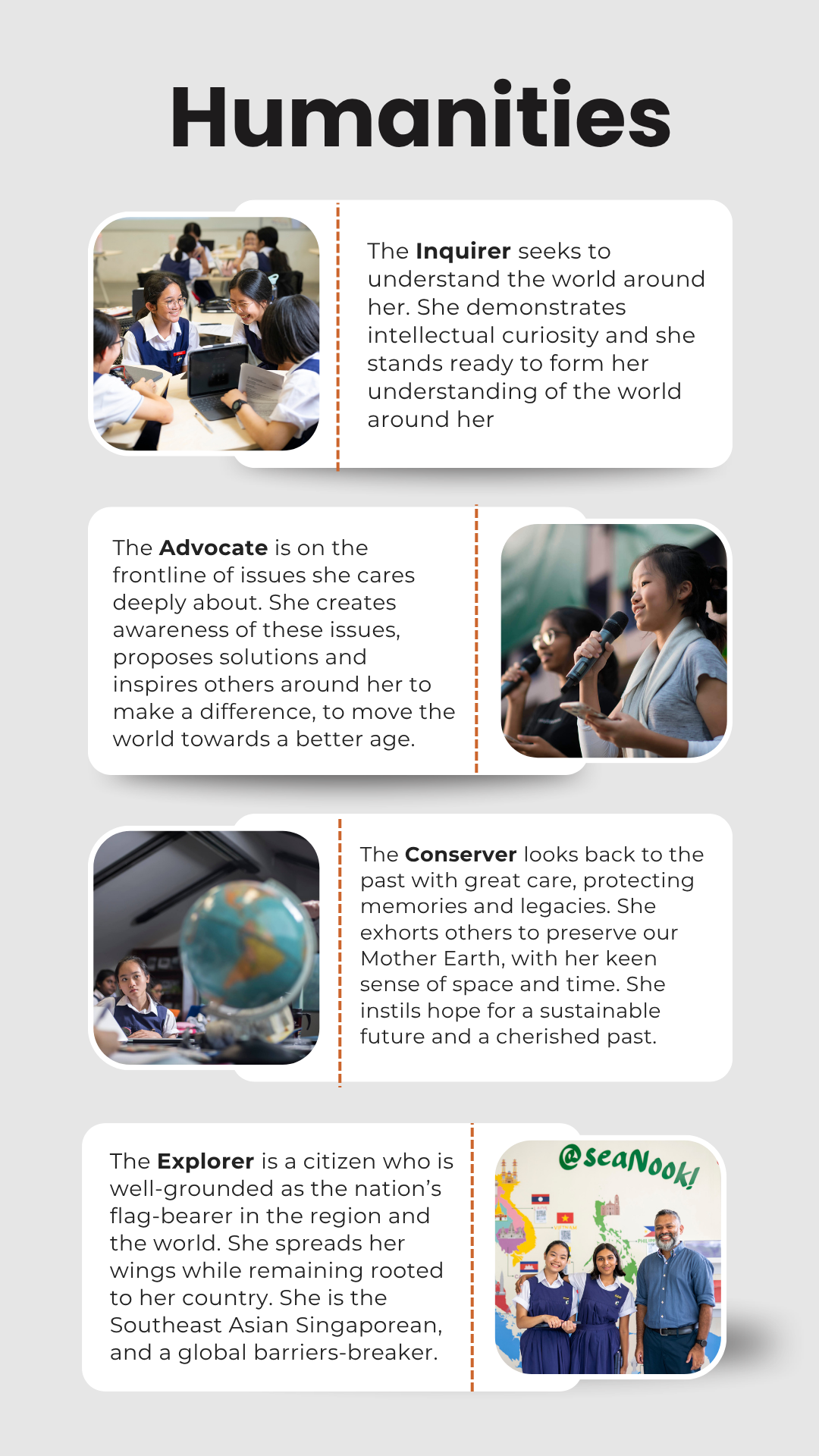 Humanities infographic showing four student roles: Inquirer, Advocate, Conserver, and Explorer, each with a photo and description.