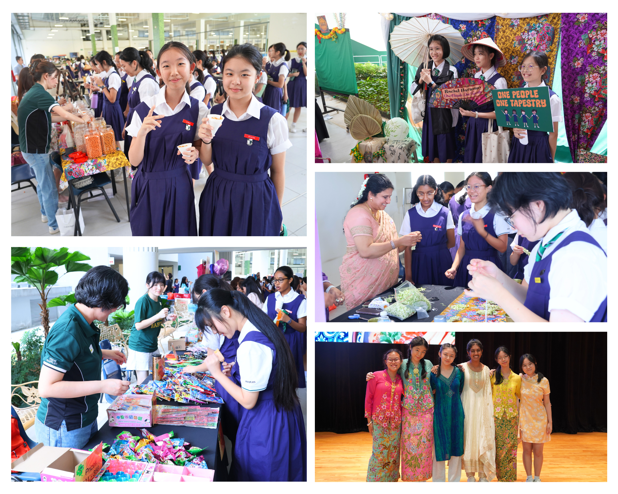 Collage of schoolgirls in uniforms at cultural booths, holding signs, crafting, and posing in traditional outfits.