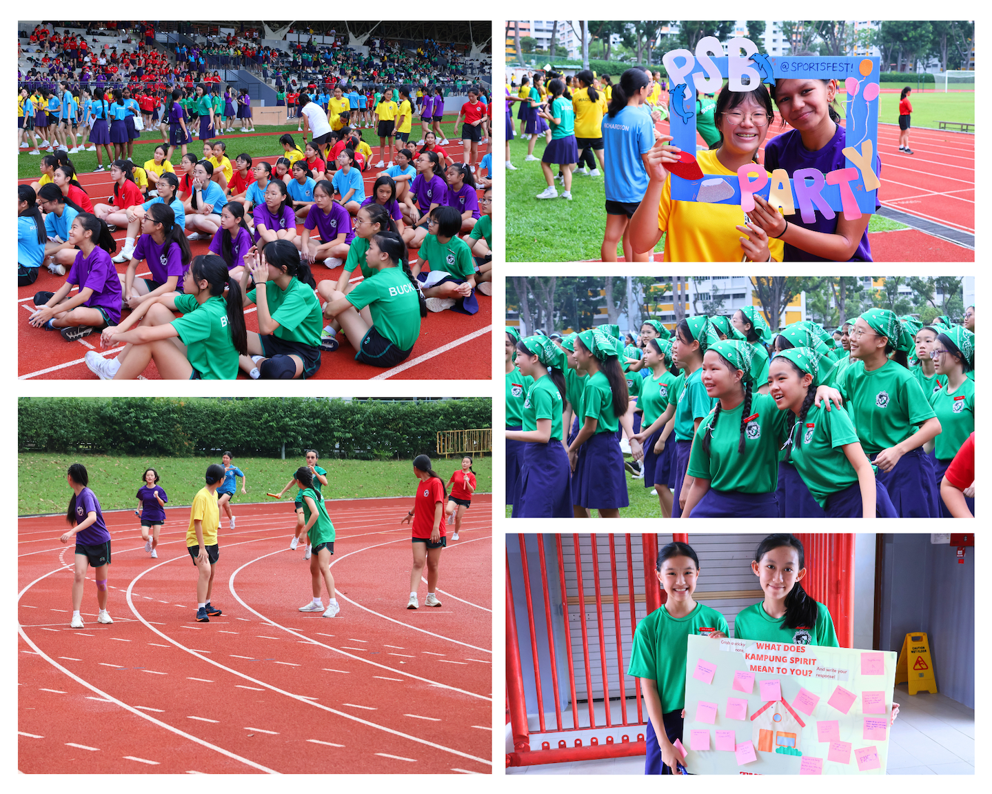 Five photos from a school sports fest showing students in colored uniforms sitting, playing, posing, and holding signs on a track field.