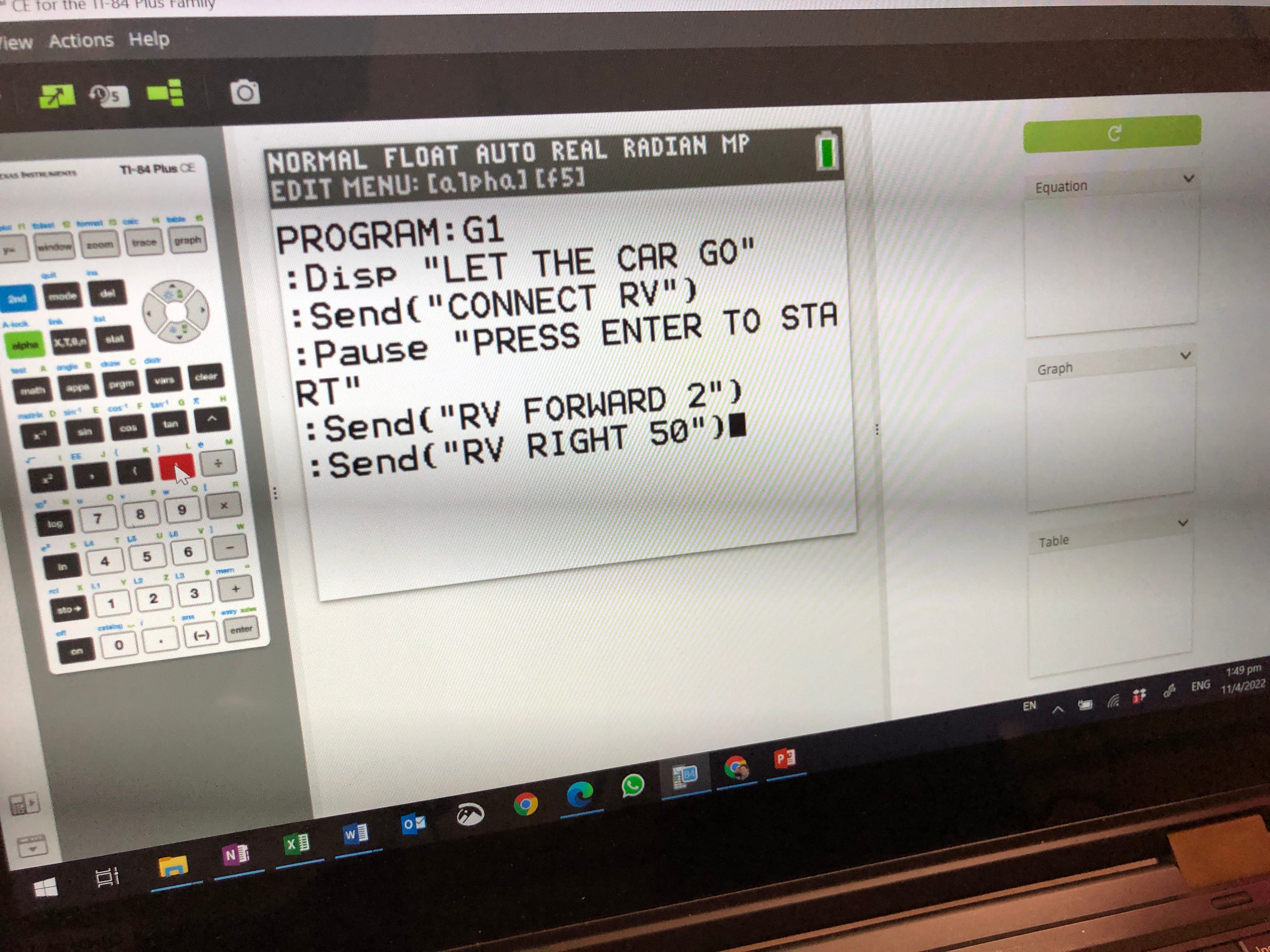 TI-84 Plus CE emulator showing a program named G1 with commands to display text and send RV movement instructions.