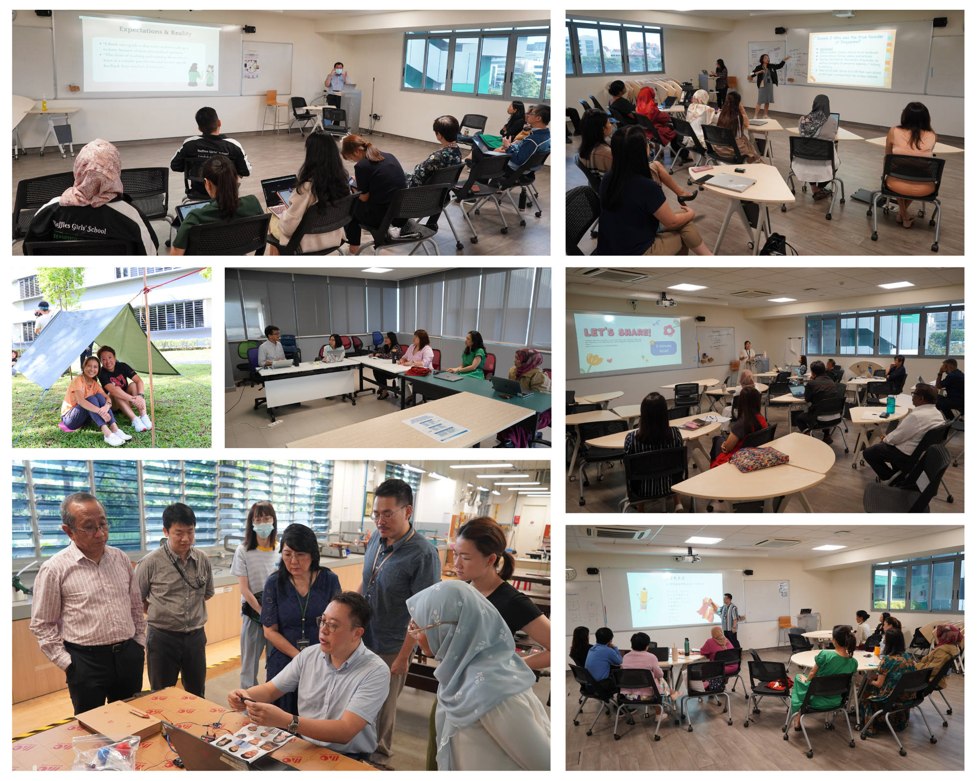 Collage of classroom and meeting scenes with presenters, seated attendees, and a small outdoor tent photo.