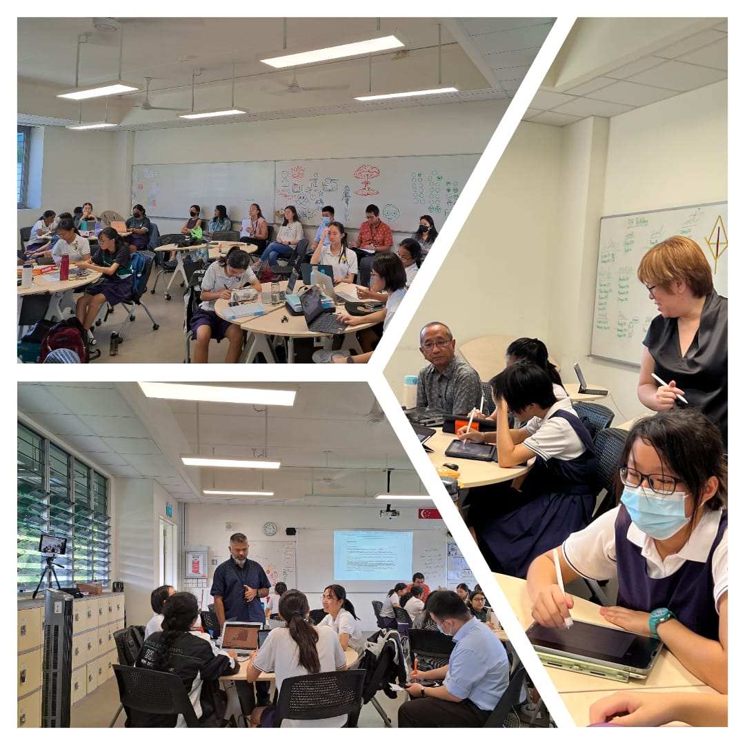 Three classroom scenes showing students at tables with tablets and laptops, with teachers instructing near whiteboards.