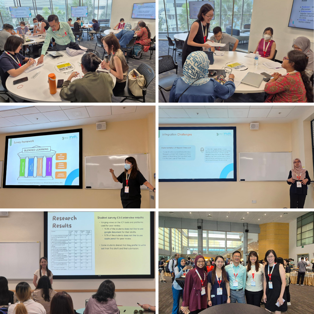 Six photos from an academic conference showing group discussions, presenters at screens, and attendees posing together.