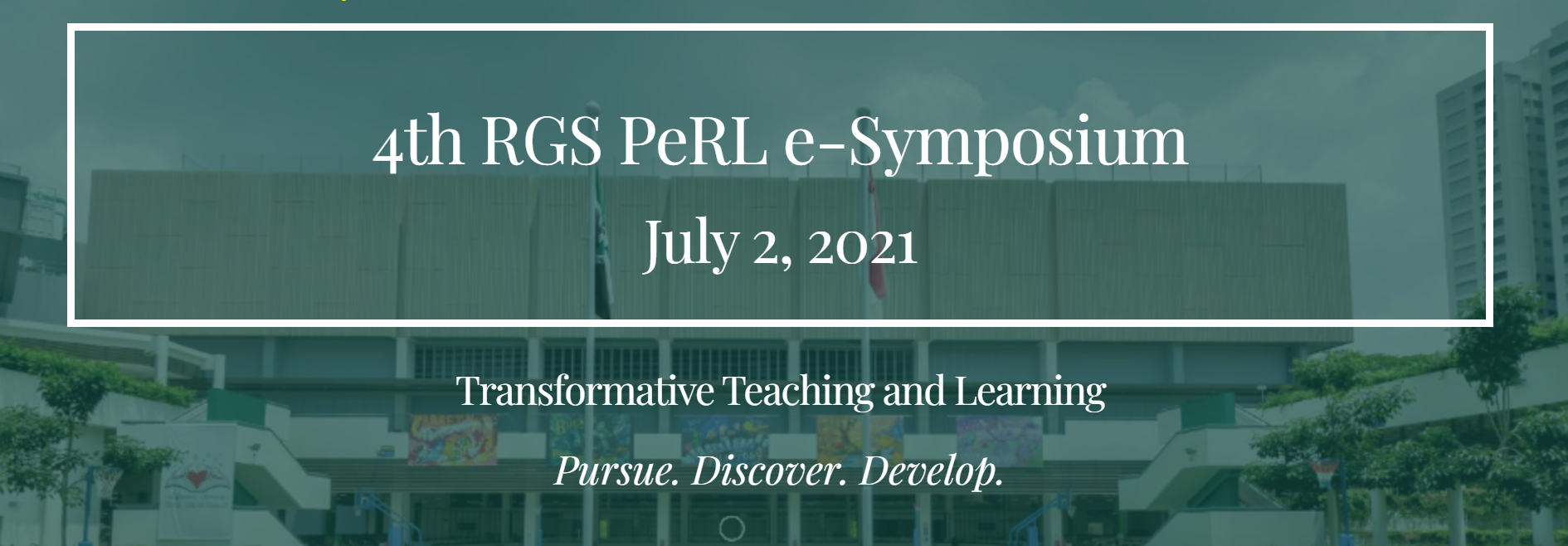 Banner reading "e-SYMPOSIUM on Transformative Teaching and Learning" with teal and white text.