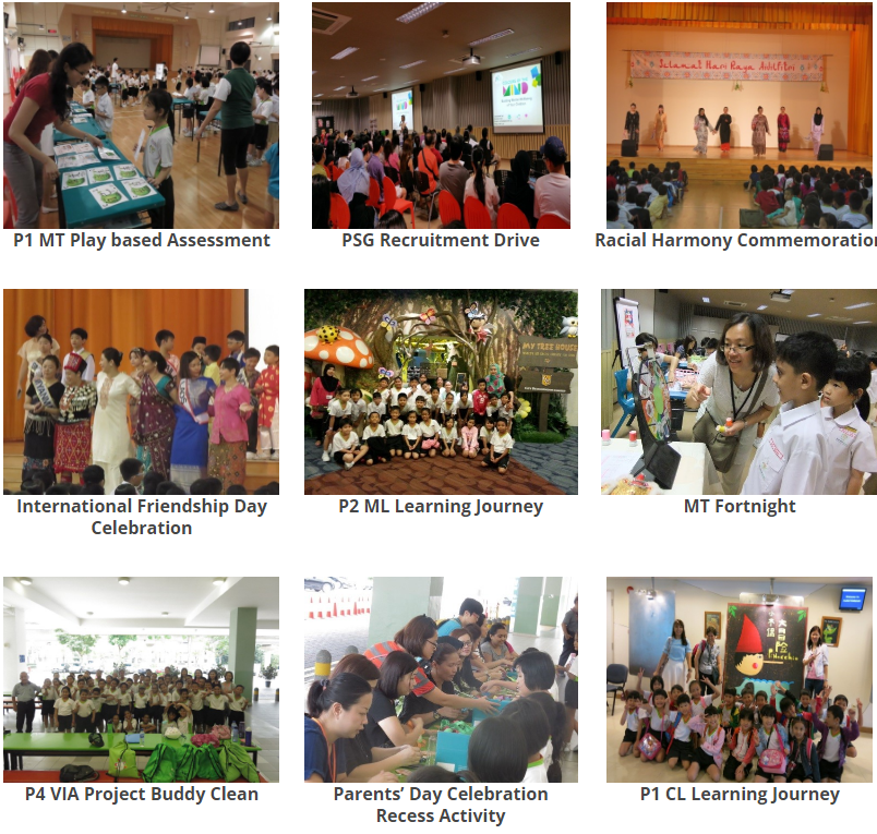 Nine school event photos including assessments, cultural celebrations, learning journeys, and parent activities.