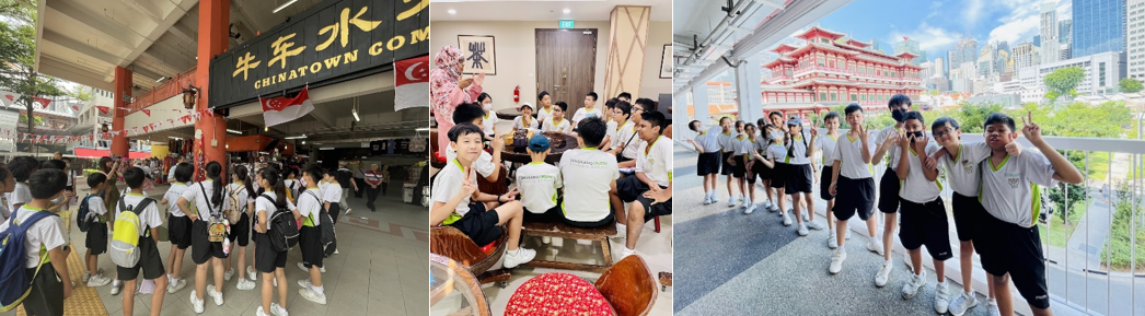 Students in white uniforms on a field trip at Singapore's Chinatown Complex, indoors, and near a red pagoda.