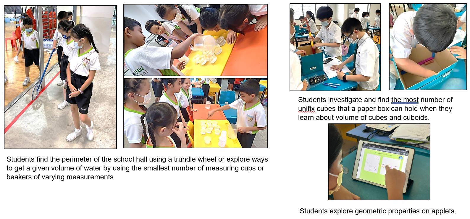 Students in school uniforms doing math activities: measuring perimeter, using cups, fitting cubes in boxes, and using tablets.