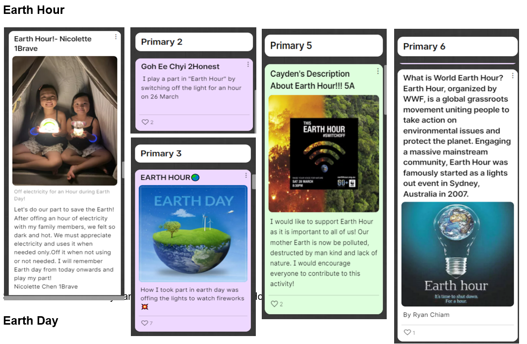 Four student posts about Earth Hour from different primary classes with text, nature photos, and a light bulb graphic.