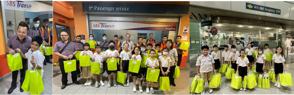 Children and adults holding green bags pose at SBS Transit Sengkang MRT station in three group photos.