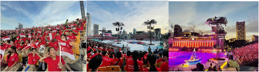 Three photos of a large Singapore National Day event with crowds in red shirts, flags, and a lit stage reading Majulah Singapura.