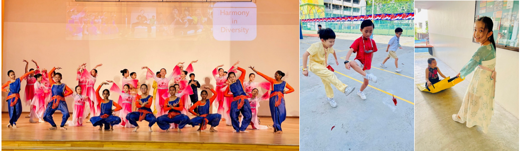 Children in colorful cultural costumes perform on stage under a "Harmony in Diversity" sign, while others play outdoors.