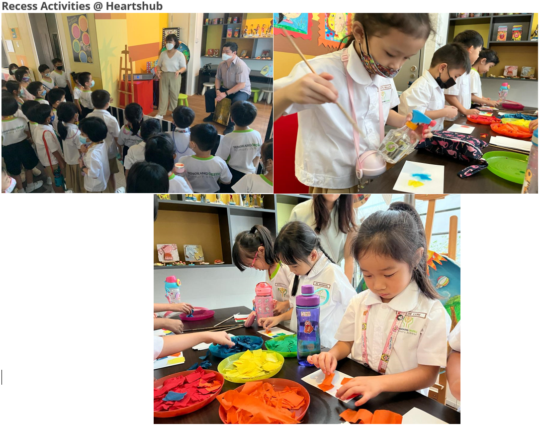 Young students in white uniforms doing art activities including painting and paper craft during recess.