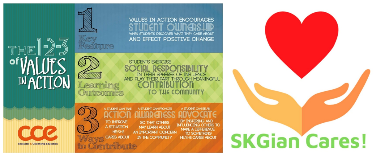 CCE Values in Action infographic with 3 steps beside SKGian Cares logo of hands holding a red heart.