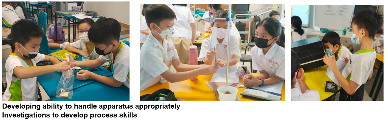 Students wearing masks conduct science experiments with apparatus in a classroom setting.