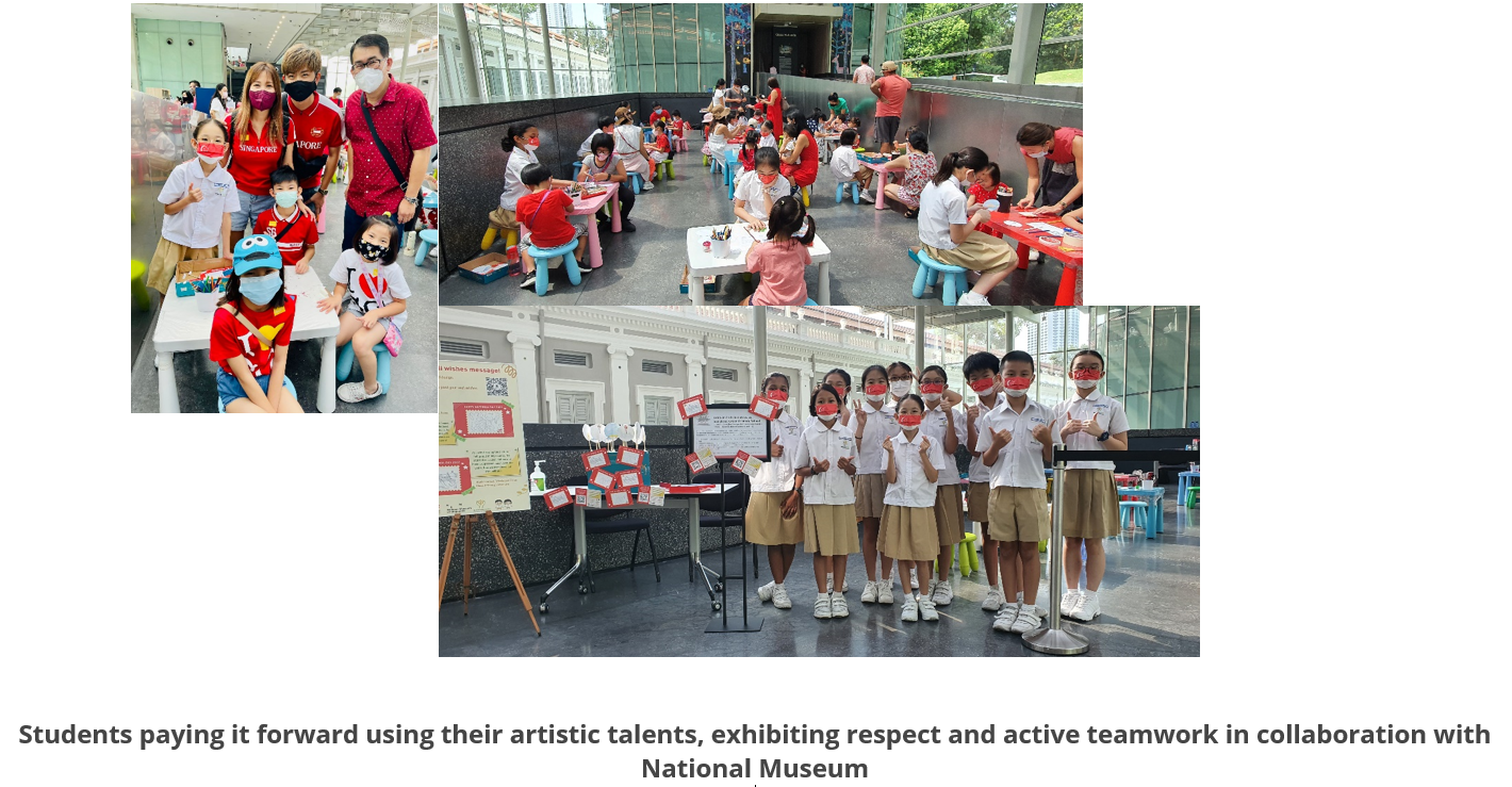 Children and adults wearing masks participate in art activities and pose together at the National Museum of Singapore.