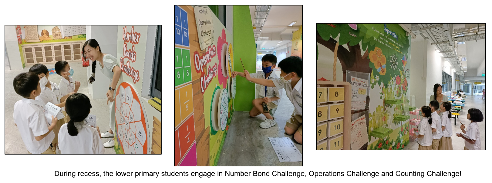 Young students in school uniforms doing math challenges on colorful wall displays during recess.